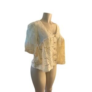 Women S Haris Cotton 100% Linen Eyelet Crochet Yellow Button Blouse Shirt Top